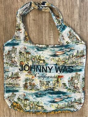 JOHNNY WAS Reusable Scenic California Nylon Shopping Bag Pocket Tote Bikes Boats